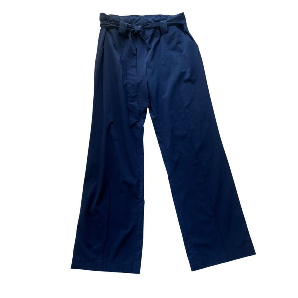 Athleta Navy Elastic Waist Tie Trousers High Rise Wide Leg Movement Pants Sz L
